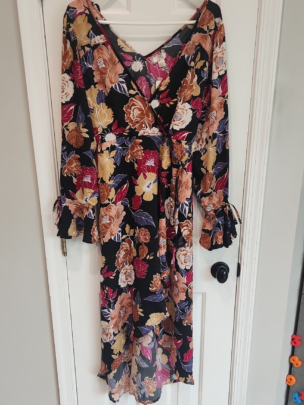 Black Floral Wrap Midi Dress with Multicolor Blooms